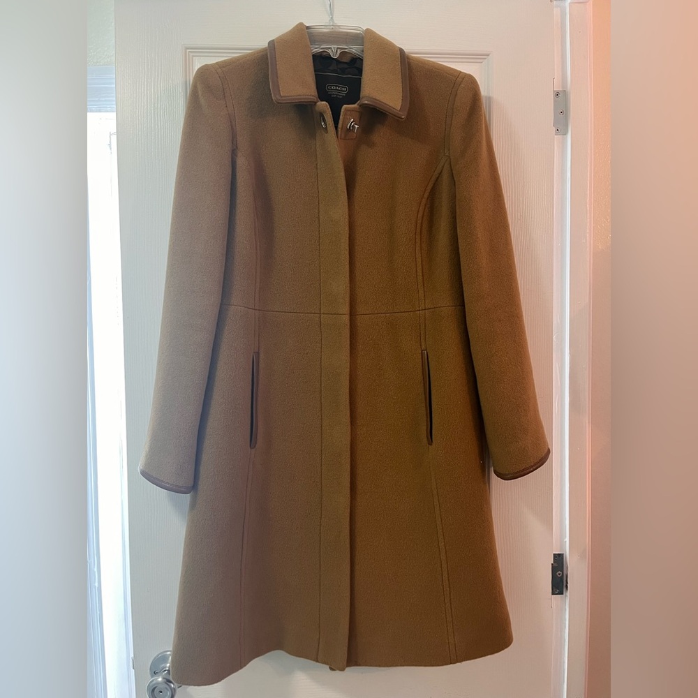 Coach Leather Trim Tan Wool Coat